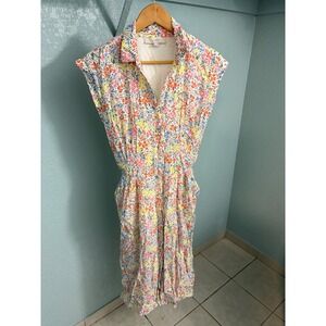 LOFT Floral Sleeveless Jumpsuit Womens 6 White Multi Color Button Front Belted